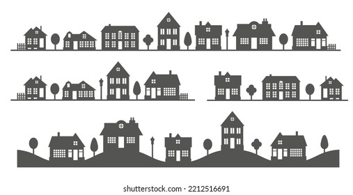 Silhouette del paisaje del barrio. Casas blancas y negras en el horizonte. Casas rurales. Ilustración vectorial de glifo.