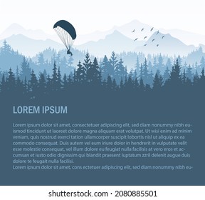 Silhouette of landscape with paraglider. Horizontal card with text. Blue vector illustration, forest, mountains. 