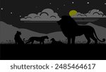 silhouette of landscape of a savanna in Africa at night with a mountain background and cloudy sky, lit by moonlight. there are several Lions relaxing