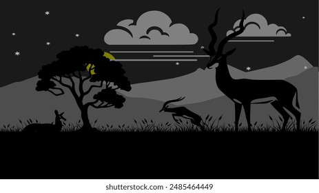 silhouette of landscape of a savanna in Africa at night with a mountain background and cloudy sky, lit by moonlight. there are several impalas relaxing