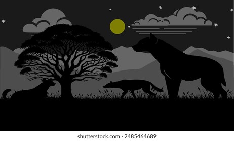 Silhouette der Landschaft einer Savanne in Afrika in der Nacht mit einem Berghintergrund und bewölktem Himmel, vom Mondlicht beleuchtet. Es gibt mehrere entspannende Hyänen