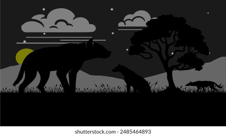 silhouette of landscape of a savanna in Africa at night with a mountain background and cloudy sky, lit by moonlight. there are several hyenas relaxing