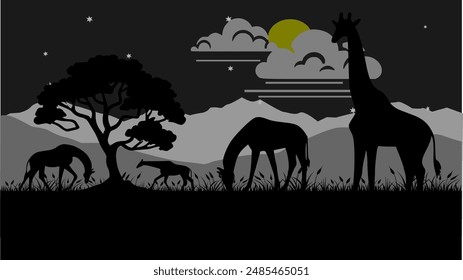 Silhouette der Landschaft einer Savanne in Afrika in der Nacht mit einem Berghintergrund und bewölktem Himmel, vom Mondlicht beleuchtet. Es gibt mehrere Giraffen entspannend