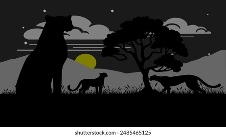 Silhouette der Landschaft einer Savanne in Afrika in der Nacht mit einem Berghintergrund und bewölktem Himmel, vom Mondlicht beleuchtet. Es gibt mehrere Geparden entspannen