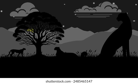 Silhouette der Landschaft einer Savanne in Afrika in der Nacht mit einem Berghintergrund und bewölktem Himmel, vom Mondlicht beleuchtet. Es gibt mehrere Geparden entspannen