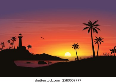 Silhouette landscape of scenery sunrise in ocean with birds flying above