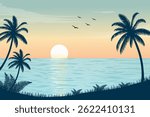 Silhouette Landscape of Scenic Sunrise in Ocean With Flying Birds, Paradise Beach Sunrise, Palm Tree And Calm Ocean Waves