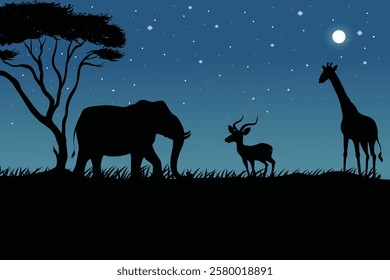 Silhouette landscape of starry night with wildlife