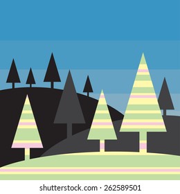 silhouette landscape - stylized colorful trees and blue sky