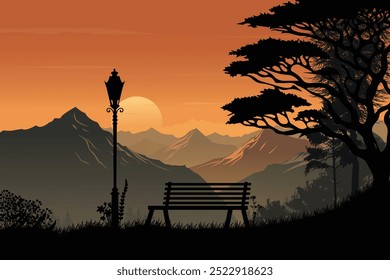 Silhouette landscape of sunset over a mountain with street lamp and bench