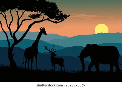 Silhouette landscape at sunset over a mountain with wildlife in evening glow