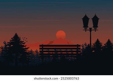 Silhouette landscape of sunset over a mountain with street lamp and bench