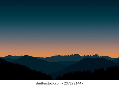 Silhouette landscape with sunset. Vector illustration in flat style.