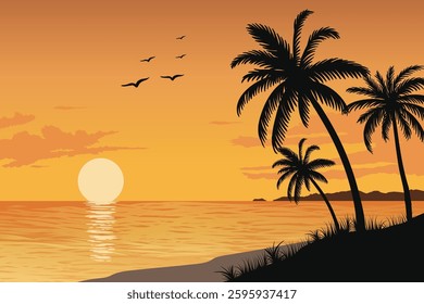 Silhouette landscape of tropical island sunset with palm trees, golden hour on a beach and birds flying above.