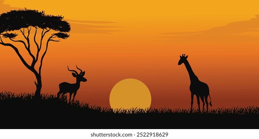 Silhouette landscape of tropical sunset with wildlife in evening glow