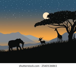 Silhouette landscape of tropical sunset with wildlife in evening glow