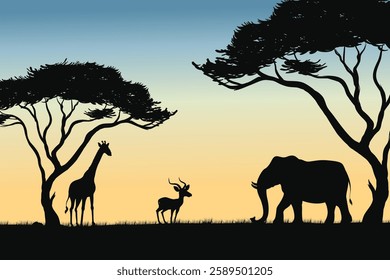 Silhouette Landscape of Tropical Sunset With Wildlife in Evening Glow