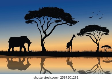 Silhouette Landscape of Tropical Sunset With Wildlife in Evening Glow.