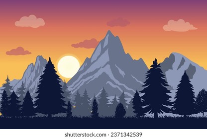 silhouette landscape vector, illustration with mountains, trees, sunset, cinematic sky