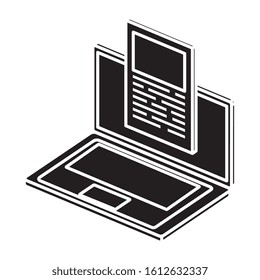 silhouette of laptop computer with document isolated icon vector illustration design