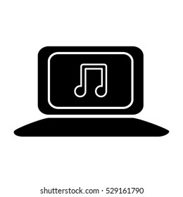 silhouette of laptop computer with musical note on screen over white background. vector illustration