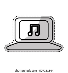 silhouette of laptop computer with musical note on screen over white background. vector illustration