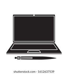 silhouette of laptop computer with pen vector illustration design
