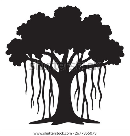 Silhouette of a large, ancient banyan tree with prominent aerial roots hanging down, symbolizing nature and growth.