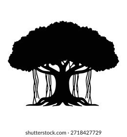 Silhouette of a large banyan tree with complex root and branch systems.