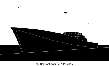 Silhouette large cargo ship at the pier with seagulls flying in the sky. Vector illustration.