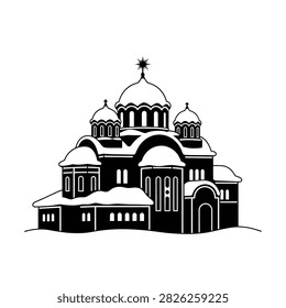 A silhouette of a large church with multiple domes, covered in snow, against a white background.