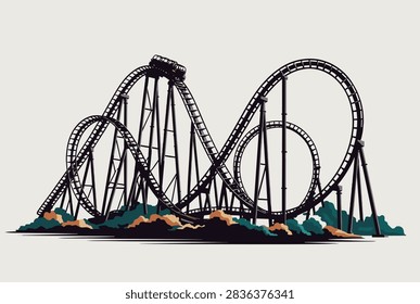 Silhouette of a large complex roller coaster track with a train at the peak against a light sky background with greenery below.