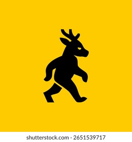 Silhouette of a large deer walking on a yellow background