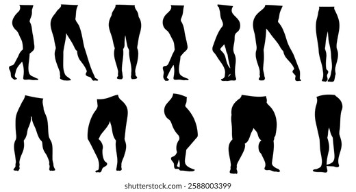 Silhouette of large female hips, fitness figure, black silhouette of female legs on a transparent background vector set for stencil

