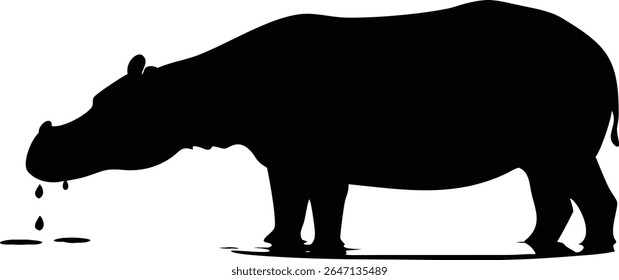 Silhouette of a large hippo dripping water against a clean white background