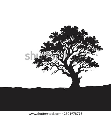 Silhouette of a large oak tree on horizon with silhouette landscape minimalist environment illustration isolated background wildlife forestry ecosystem countryside