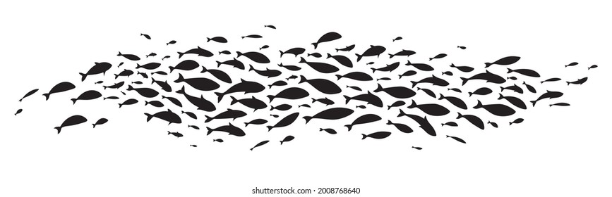 Silhouette of large school of fish. Vector illustration.