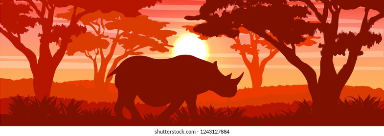 Silhouette. A large white rhino in the African savannah. Thickets of acacia. Wildlife of Africa. Realistic Vector Landscape