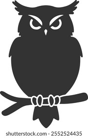 Silhouette of a large, wise owl with an angry look, an icon of an owl sitting on a branch in dark gray.