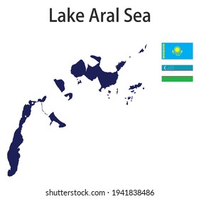 silhouette of a large world lake, the Aral Sea, with the flags of the countries in which it is located vector illustration