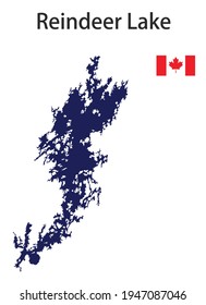 silhouette of a large world lake, the Reindeer, with the flags of the countries in which it is located vector illustration