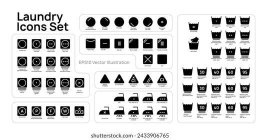 Silhouette laundry icons set vector illustration design. Collection of washing symbols, bleaching, ironing, drying.