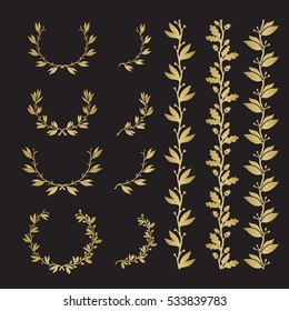 Silhouette laurel and oak wreaths in different  shapes, borders. Gold color on black background