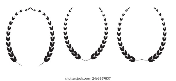 Silhouette Laurel wreath icon set. Laurel wreath placed on white background. Laurel wreath with Heraldic trophy crest, Medal, Frame, award, winner round emblem. Vector illustration.