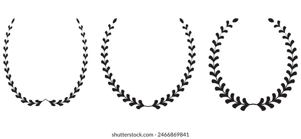Silhouette Laurel wreath icon set. Laurel wreath placed on white background. Laurel wreath with Heraldic trophy crest, Medal, Frame, award, winner round emblem. Vector illustration.
