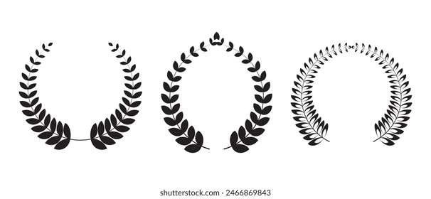 Silhouette Laurel wreath icon set. Laurel wreath placed on white background. Laurel wreath with Heraldic trophy crest, Medal, Frame, award, winner round emblem. Vector illustration.