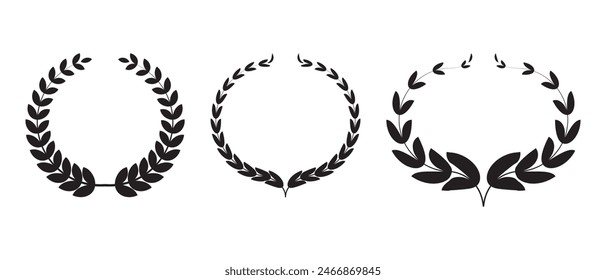 Silhouette Laurel wreath icon set. Laurel wreath placed on white background. Laurel wreath with Heraldic trophy crest, Medal, Frame, award, winner round emblem. Vector illustration.