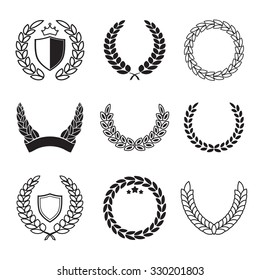 Silhouette laurel wreaths in different  shapes - half circle, circle with shields, crowns and stars svg