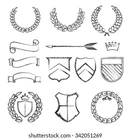 Silhouette laurel wreaths in different shapes - half circle, circle with shields, crown and ribbons