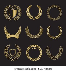 Silhouette laurel wreaths in different shapes - half circle, circle with shields, crowns and stars in gold color svg